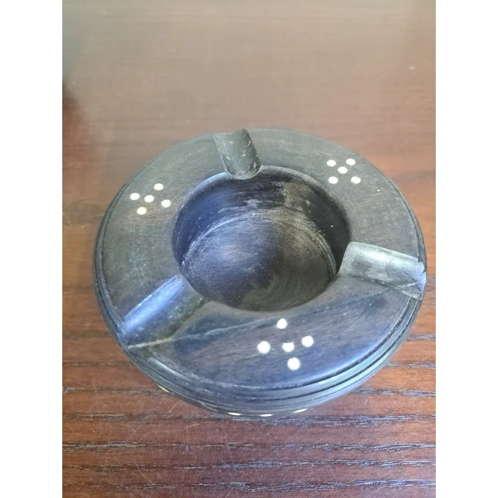 Antique Anglo Indian Ebony Wood Ashtray With Porcupine Quills And Dot Inlay